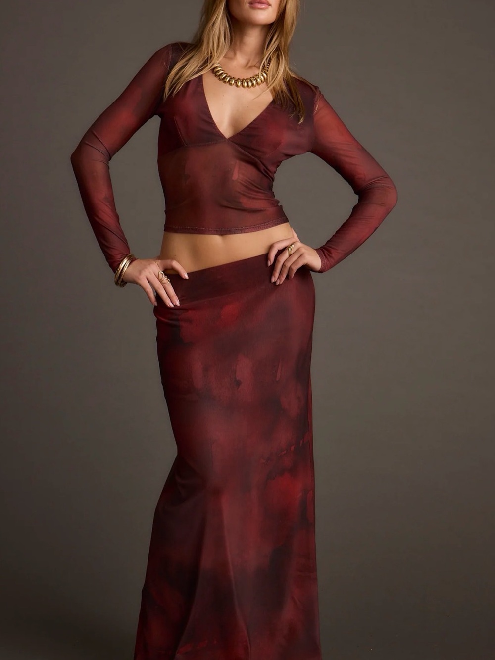 NWT 12th Tribe Two Piece Set Burgundy Mesh Maxi Skirt and Long Sleeve Top